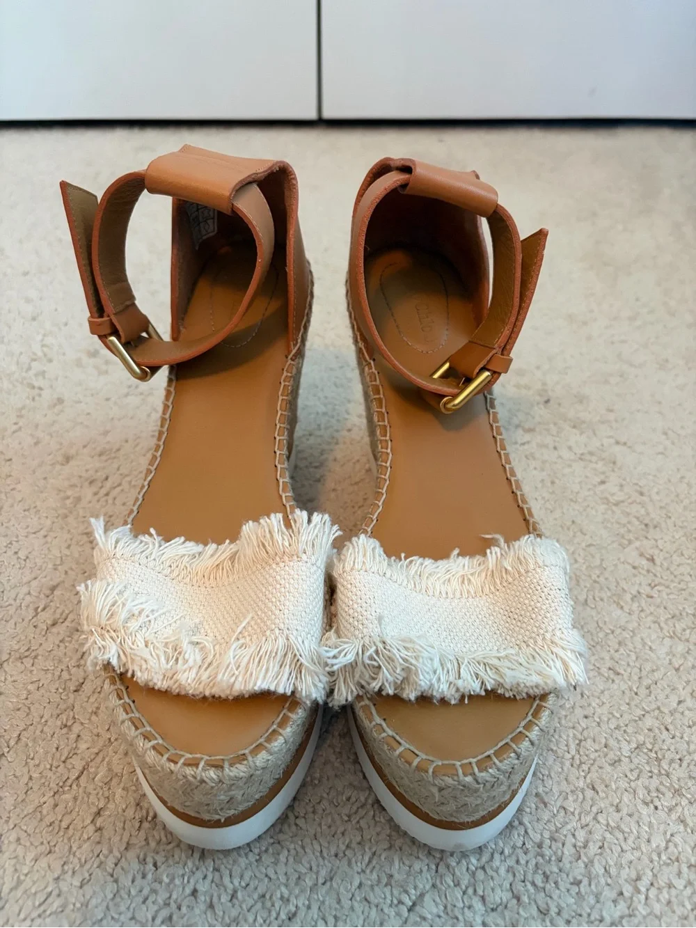 See By Chloe Glyn Frayed Wedge Sandals Espadrilles Natural Size 42 US 11 / 11.5‎